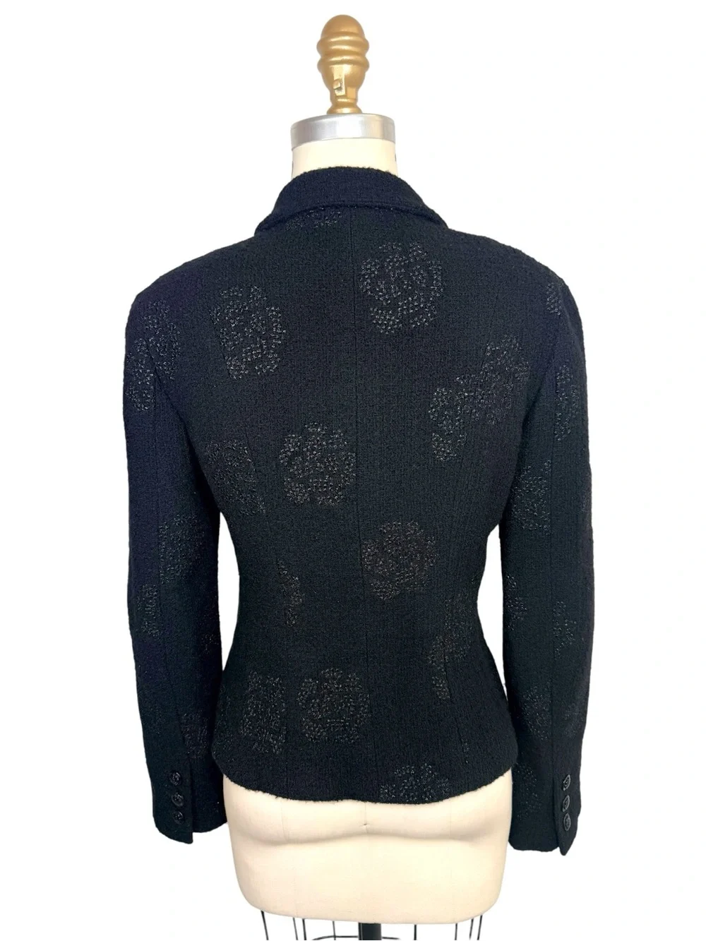 Chanel Cruise 2003 Black Camellia Bouclé Zip Jacket FR36